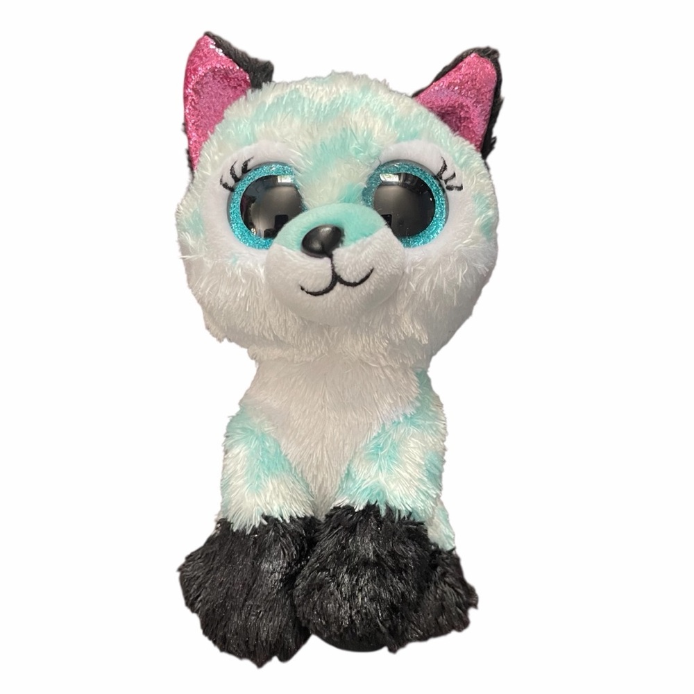 TY Atlas Teal & White Plush Husky with Sparkle Pink Ears